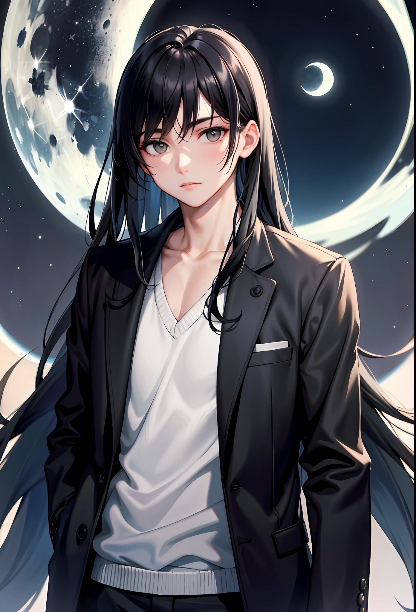 masterpiece, 1 guy, black hair, long hair, gray eyes, jacket, upper body, night, moon, stars,