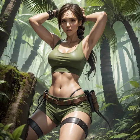 UHD, realistic:1.5, Jessica Alba, 25, in Tomb Raider outfit, in the jungle, (feet), Tomb Raider shorts