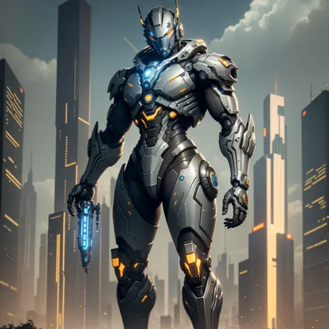 wearing a mechanical suit, mechanical wonder, cyberpunk, cybernetic guardian, futuristic armor, full body, front pose, symmetry, intricate (steel metal [rust]), joints, warframe style, cyborg, male --auto --s2