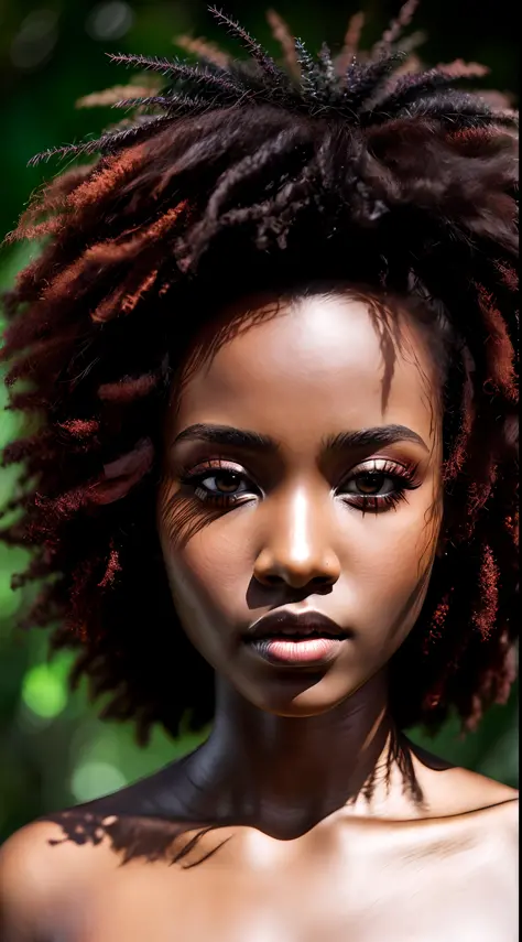 Closeup photo portrait of beautiful ebony teenager_woman as druid, dark makeup, short ginger hair, big perfect eyes, big perfect...