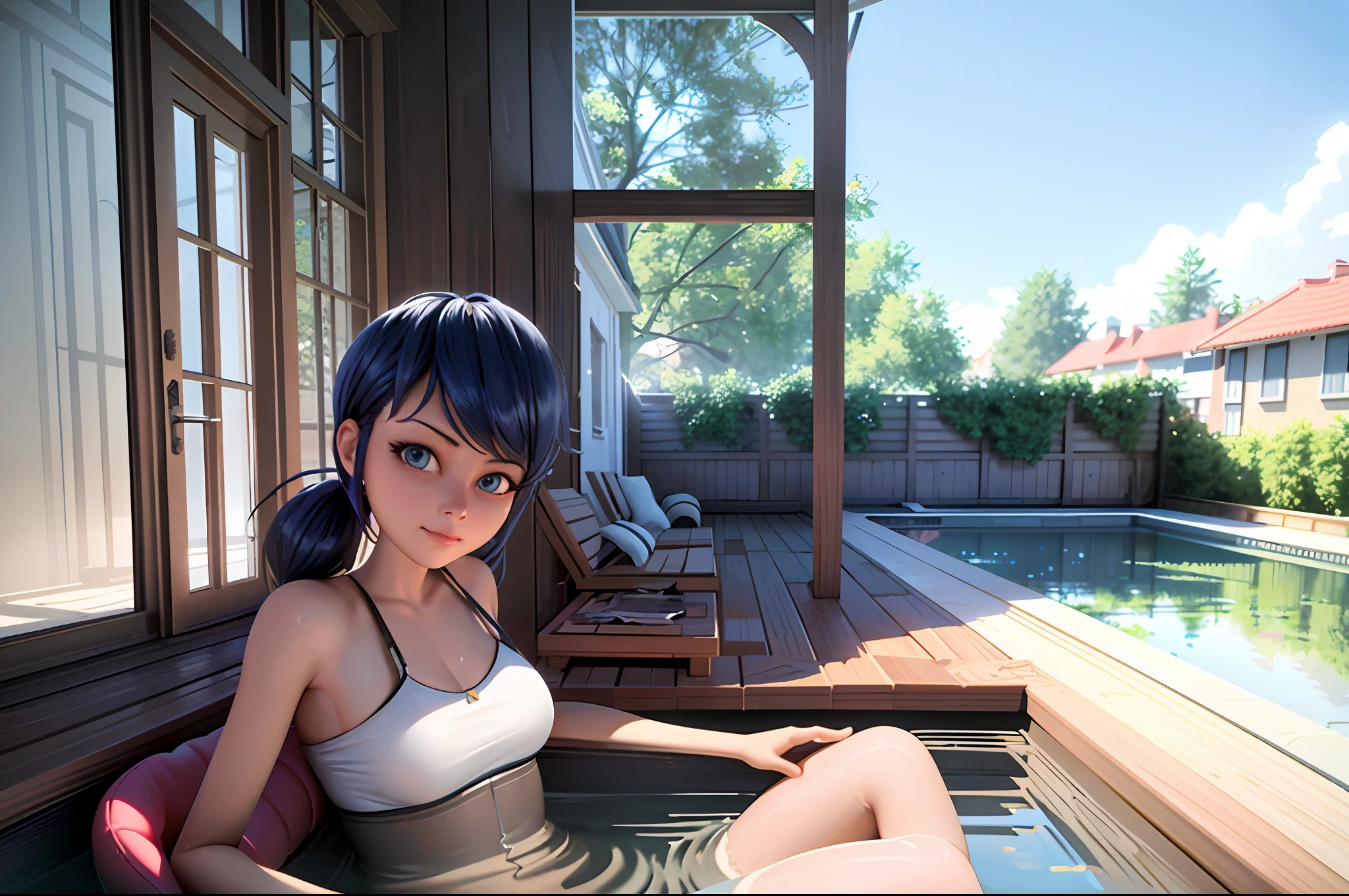 1girl, naked, sit, view from front, wide angle, looking at viewer, on jacuzzi, wetness viewer, detailed furniture, detailed exterior, sunlight, physically-based Rendering, screen space reflection, ssao, water reflection, subsurface scattering, rim lighting, medium sized breasts, mature women