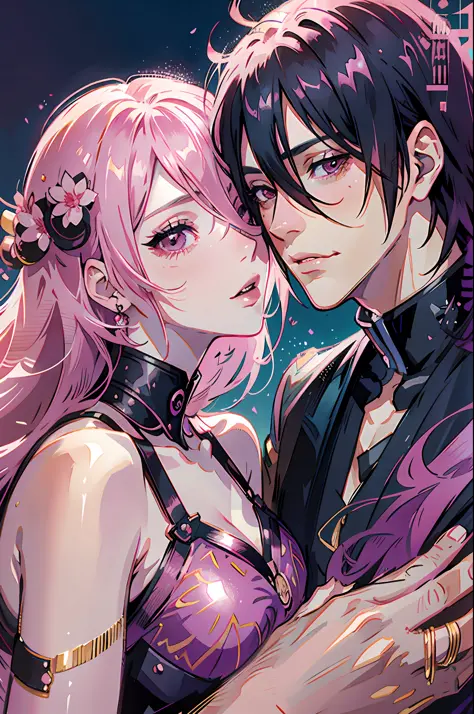 Pink haired woman lying in the arms of a black haired man, royalty, nobility, princess, elegant, kiss, high quality, couple, kiss, ((sasuke and sakura)). man and woman, staring at each other, (fine features), duo, manly,
