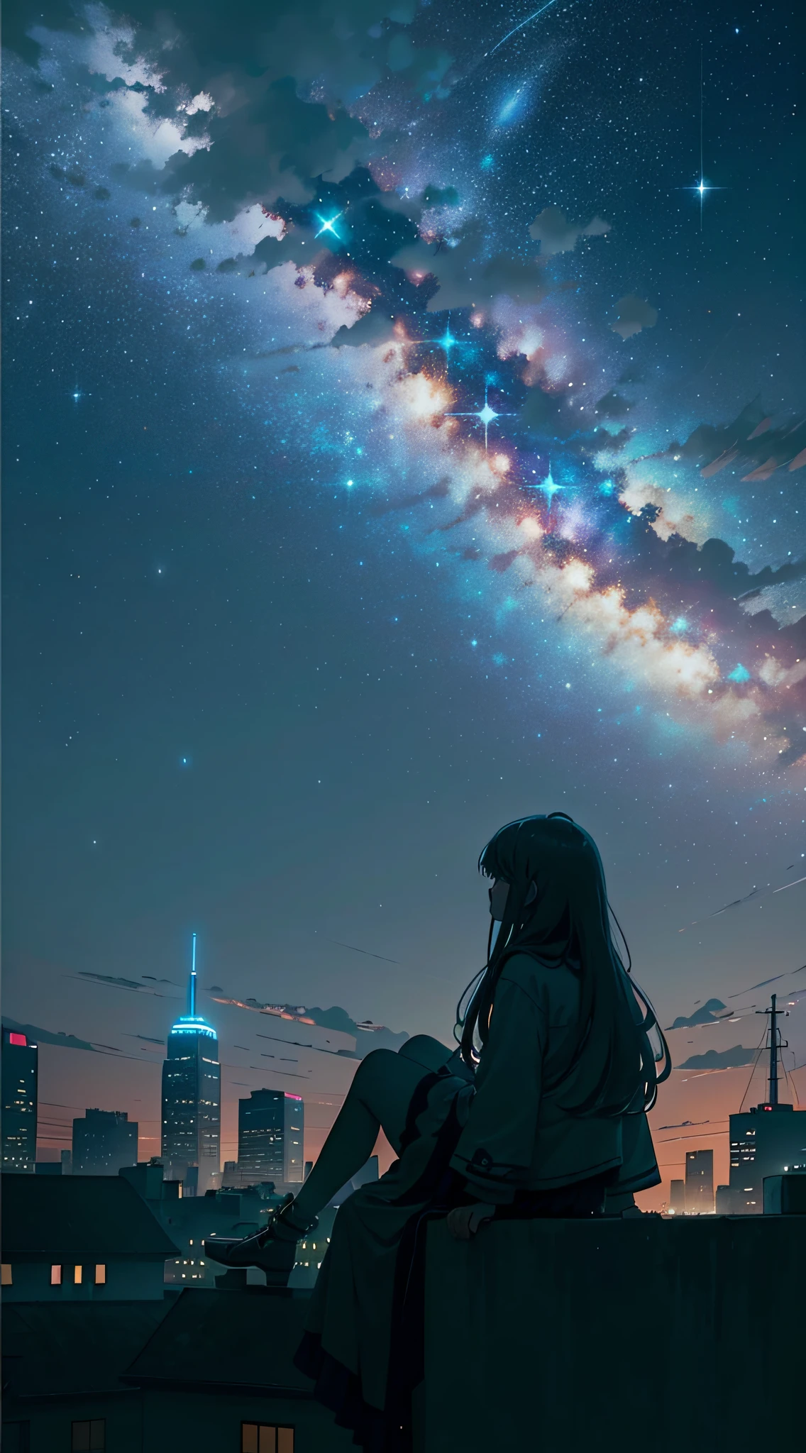 octans, sky, star (sky), scenery, starry sky, night, 1girl, night sky, solo, outdoors, signature, building, cloud, milky way, sitting, tree, long hair, city, silhouette, cityscape --auto --s2