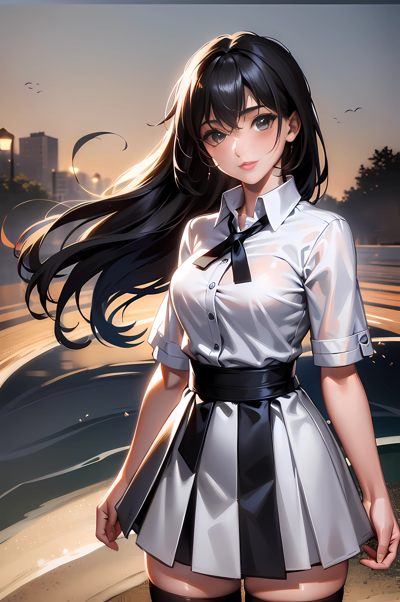 highres, ultra detailed, (1girl:1.3), (dynamic pose):1.0 BREAK, 1 extremely beautiful and glamorous high school girl standing river side at night, anime girl, wearing a white collard shirt and a knee-length long pleats skirt, (black stockings), she has black wavy pony-tail hair style, gigantic-breasted, smile, happy, wind, 8 life size, detailed clothes, detailed body, detailed arms, human hands, detailed hands, full body shot, hip focus, blush, light smile, looking the viewer, facing the viewer, staring the viewer, Lights are lit around the beach and stars are shining in the sky, studio soft light, cinematic light, detailed background, realistic, ultra-realistic, masterpiece, 32k ultra-sharp image, Japanese anime waifu, concept art by Kyoto animation, ufotable style, anime cap, Makoto Shinkai,