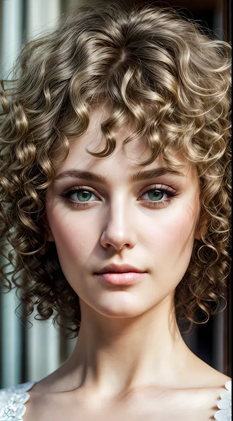 Closeup photo portrait of (russian) woman, perfect (green and brown eyes), eye reflection, winged eyeliner, (looking at the viewer:1.3), best shadow, intricate details, interior, (curly ash blond hair:1.3), muted colors, epic character composition, frontal...