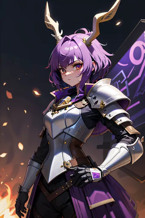 Knight Jackalope, short purple hair, jackalope antlers, dark armor(masterpiece, best quality)