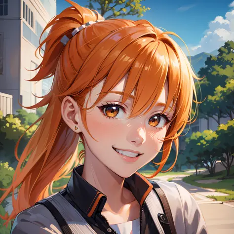 High Quality, Best Quality, 2D Illustration, Solo, 16 Year Old High School Girl, Orange Hair Color, Looking at Viewer, Ponytail, Cheerful Hatsuratsu, Good Morning, Smiling