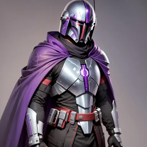 Make a full black male Mandalorian armor with purple and red accents with a cape and holding a purple lightsaber --auto --s2