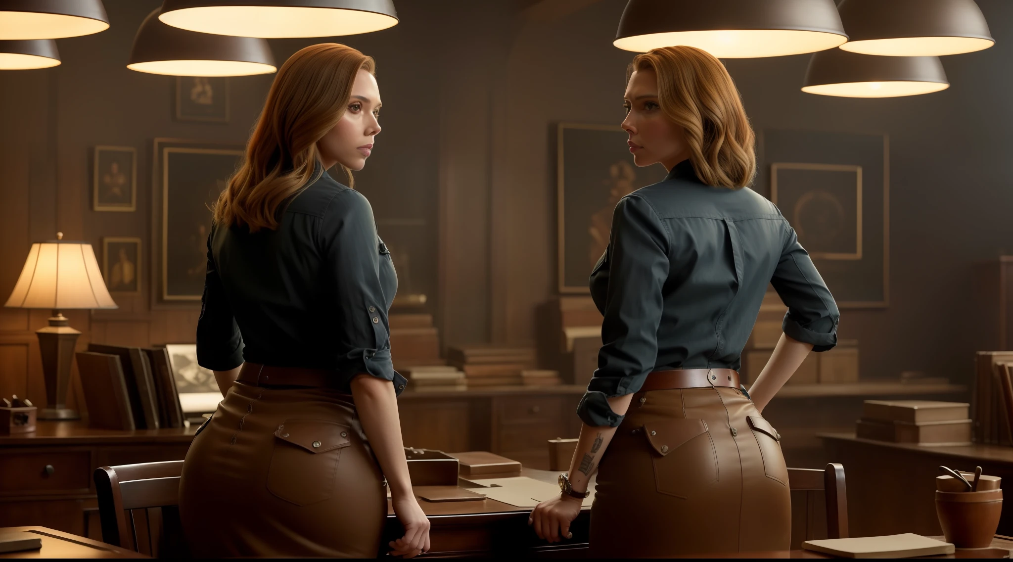 photo of Scarlet johansson and Elizabeth Olsen, RAW, beautiful woman, dieselpunk environment in office, dieselpunk social clothing, unbuttoned shirt, neckline, sexy short skirt, normal breasts, tight skirt, (full body:1.3), sexy figure, (normal ass:1.3), (masterpiece) (perfect proportion), (realistic photo), (best quality), (detailed), (8k), (HDR), (wallpaper), (cinematic lighting), (sharp focus), (intricate)