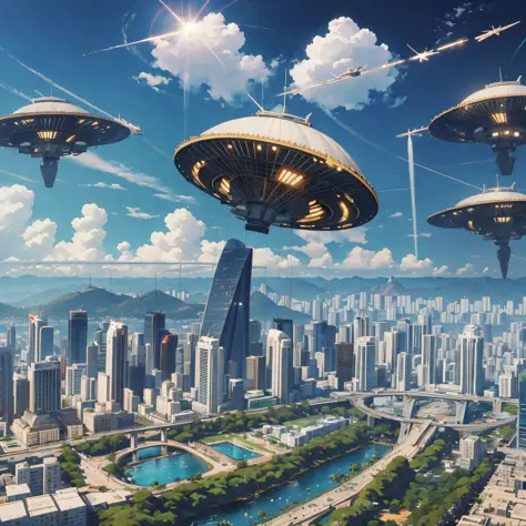 realistic, alien invasion, in the city of rio de janeiro brazil, disk-shaped ships, air force fighters --auto --s2