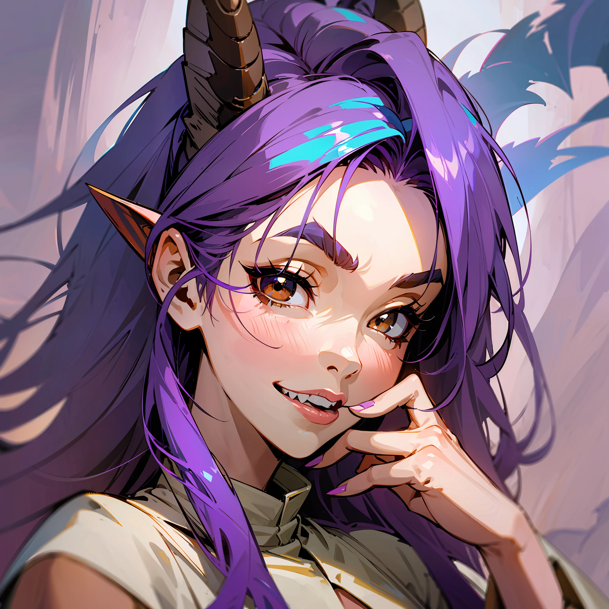 1 girl, raptor girl, wild mane of purple hair, blue unicorn horn coming out of forehead, blue and white raptor, dinosaur tail, sharp teeth, mature girl, ((brown eyes eyes)), ((full lips)), (high detailed), beautiful, amazing, high detailed eyes, high detailed face, perfect hands, masterpiece, best quality, looking at viewer, detailed eyes, cavewoman clothes, Walking Wake --auto --s2