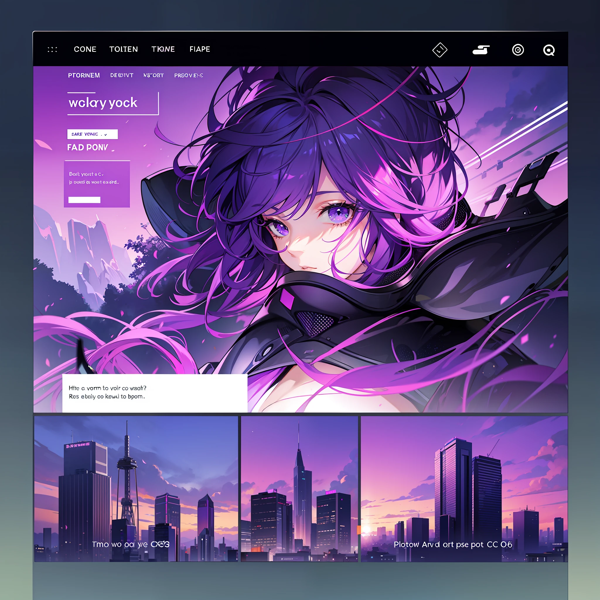 A screenshot of a purple and black anime theme with a city in the  background - SeaArt AI