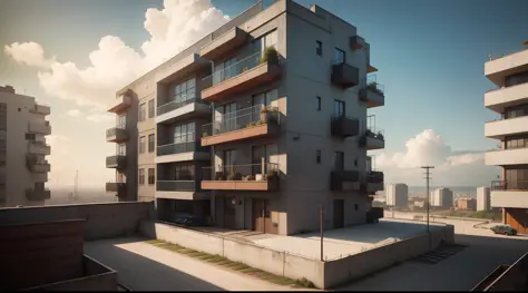 vista externa de prédio de apartamento dieselpunk , vibrant, photorealistic, realistic, dramatic, dark, sharp focus, 8k