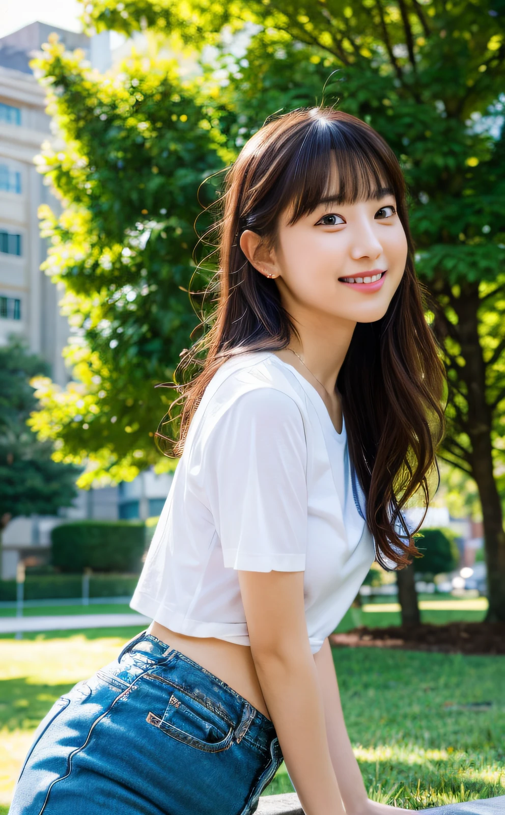 (8k, RAW photo, top quality, masterpiece: 1.2), (realistic, photorealistic: 1.37), ultra detail, ultra high resolution, pio apple, one girl, (smile: 1.2), beautiful detailed eyes, floating hair, bangs, skin texture, narrow waist, slim waist, (curve: 0.4), t-shirt, jeans, legs, movie lighting, professional lighting, light face, park, catchball, walk, Looking to the side