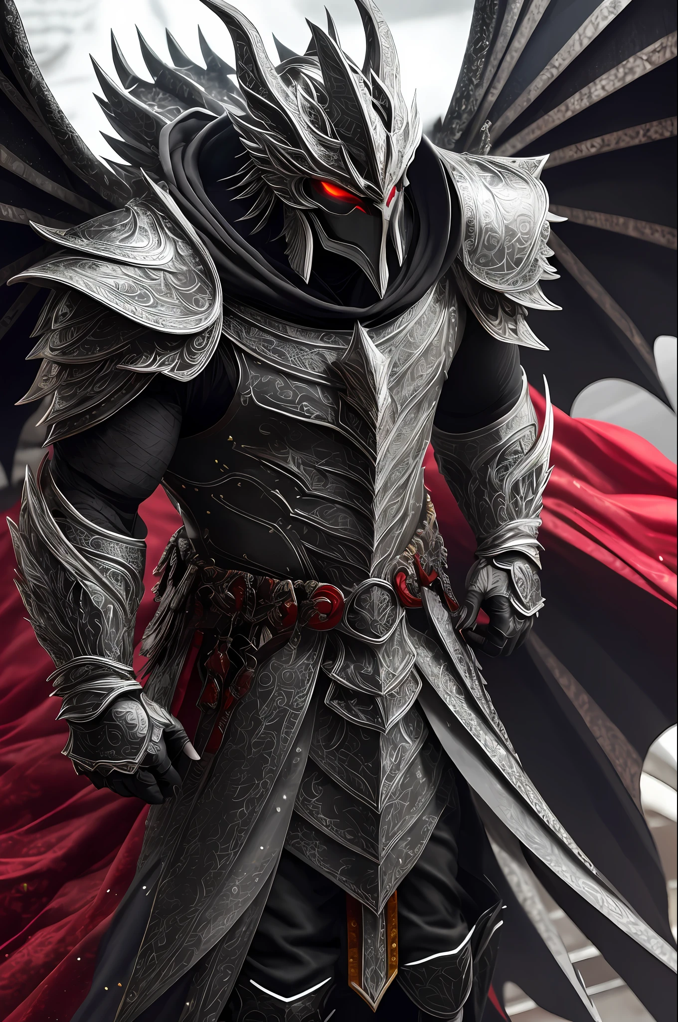 extremely detailed 8k wallpaper), intricate, highly detailed, dramatic, The Dragon Lord wears highly detailed black steel shoulder pads that look like dragon heads and are adorned with shimmering silver trimmings and ornaments, an overlying gray cloak with an extremely beautifully detailed large hood that goes deep drawn into the young bearded face, extremely detailed gray feathered wings with translucent velvety red membranes, insanely realistic graphics, insanely detailed details, ultra realistic and highly detailed heavy black steel armor with lustrous silver glitter detailing on a silver gray tunic, extremely detailed heavy black armor Steel gloves, steel boots with reinforced shiny silver decorations, in a vaulted hall during the leisurely stroll through the somber cathedral on a red velvet carpet, (shown perspective from above) during the passage of a sombre, multi-windowed vaulted passageway through the gleaming light falls,