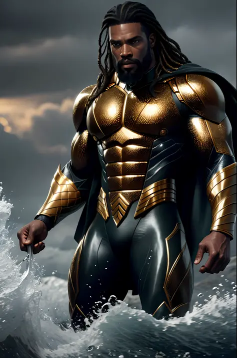 (8k, RAW photo, best quality, masterpiece: 1.2), ultra-detailed, formal art, photorealism: 1.37, upper body photo, Black Man 40 years old DC Aquaman, film grain, action pose