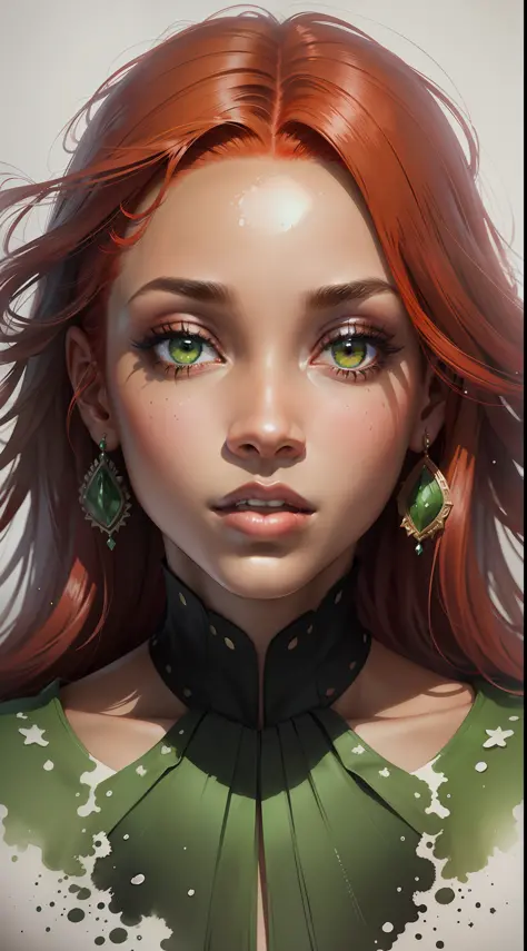 add_detail:1, realistic image of a black woman with red hair and light green eyes, wearing elegant party clothes, with scattered contours and white background, intricate details, low key, watercolor, splash