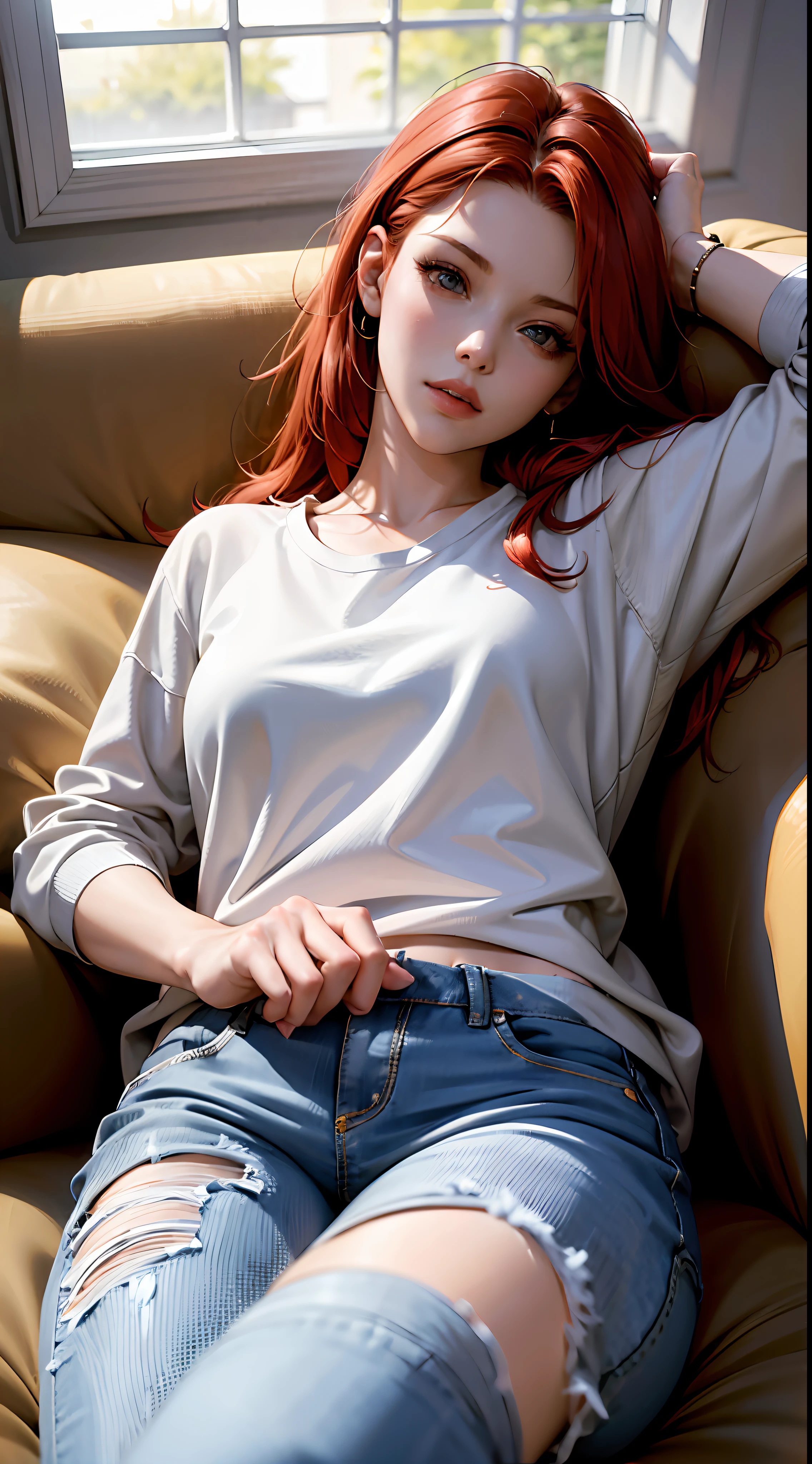 Masterpiece, best_quality, 1girl, solo, sleeping, lying on the couch, in white sweatshirt, long jeans, socks. red hair, perfect face, 4k, HDR, Full HD, HDR, proper lighting, late afternoon,