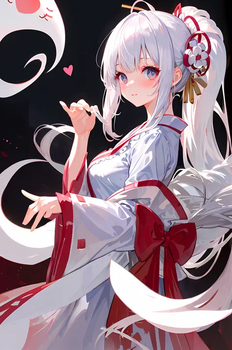 (((Masterpiece))), top quality, super detailed, blush, cute and playful, death attire, white kimono, ghost cosplay, ribbon, cheerful, silver hair, fluffy hairstyle, huge, heart-emitting eyes, sweet look.
