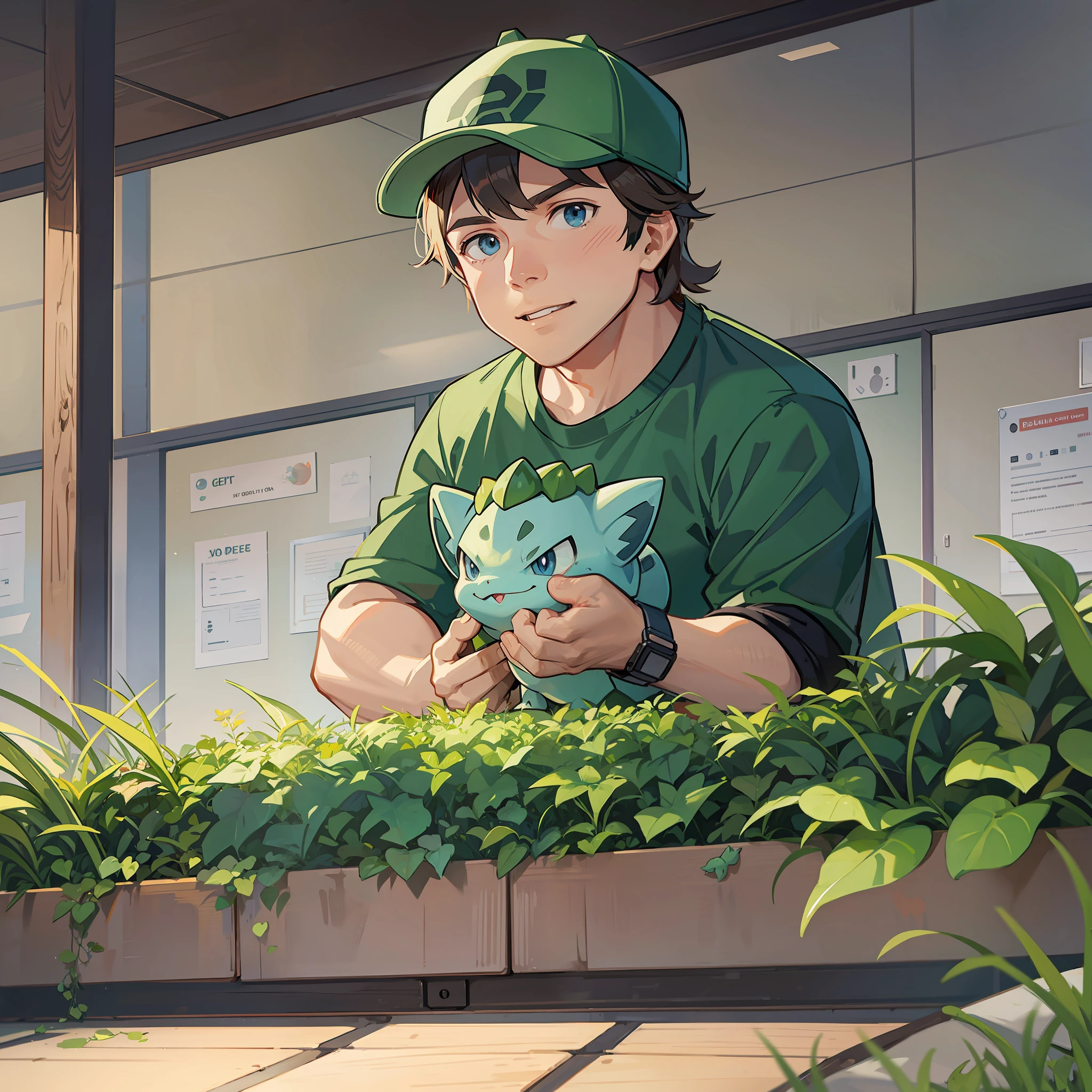 Anime boy in green shirt holding a pokemon pokemon gopher - SeaArt AI