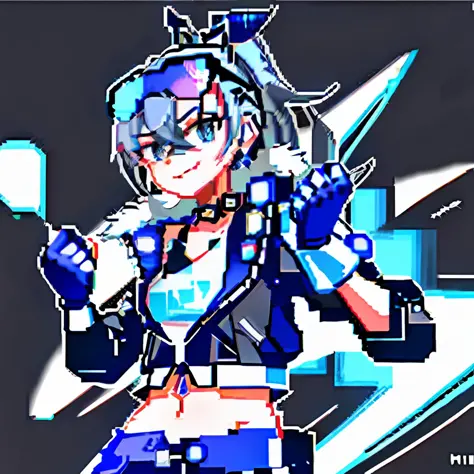 Highly detailed, masterpiece, Silver wolf, pixel art,hcnone, fighting game pose,smile, hair ornament, gloves, hair between eyes,...