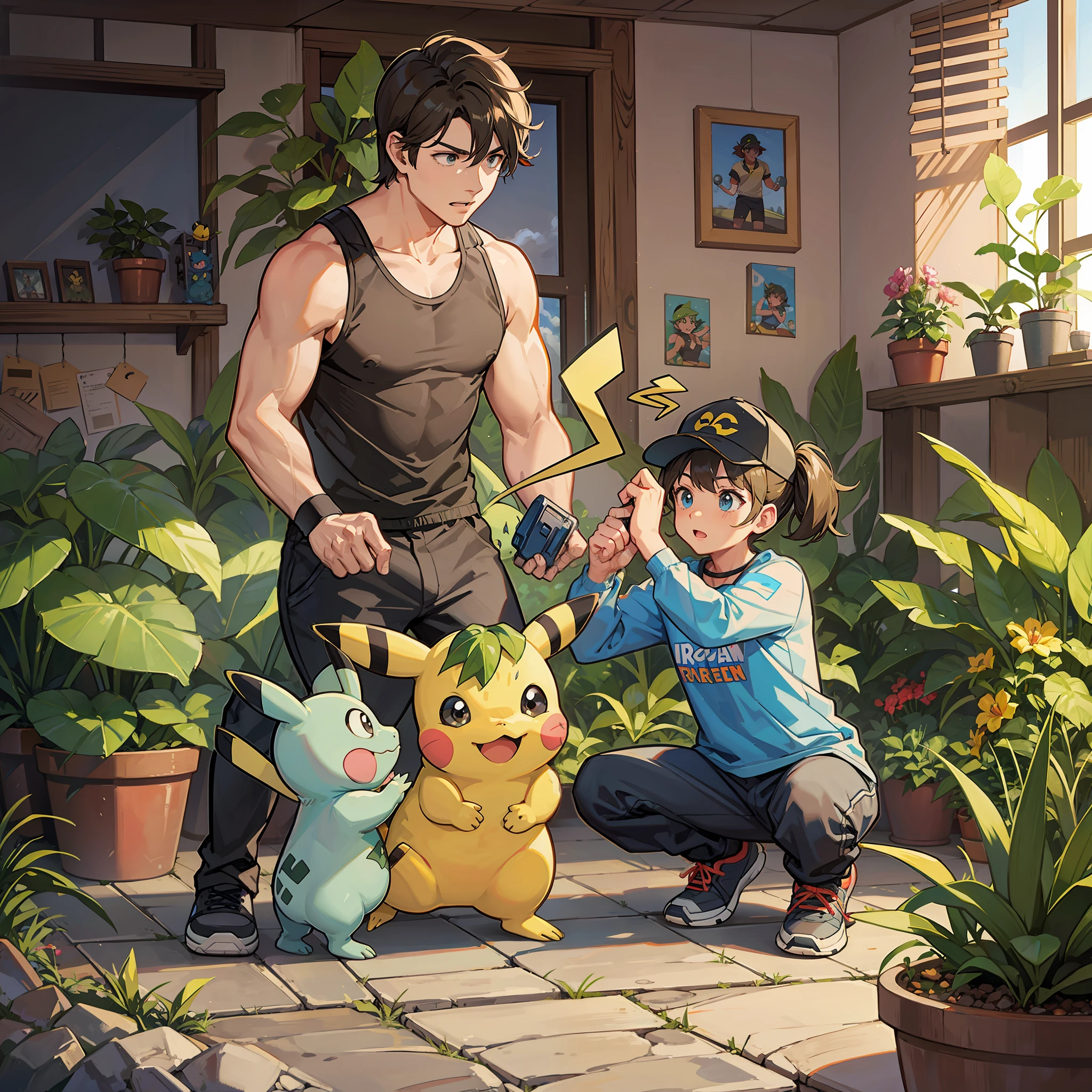 Steve Irwin trainiert Pikachu und Bulbasaur in einem Pokemon-Fitnessstudio