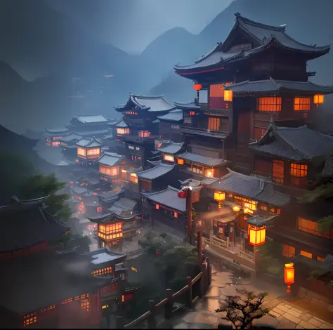 asian architecture in the foggy night with lanterns lit up, dreamy chinese town, beautiful render of tang dynasty, cyberpunk chinese ancient castle, japanese town, andreas rocha style, japanese city, chinese village, chengwei pan on artstation, rossdraws g...