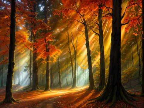 majestic,spectacular (HDR photo)  of a picturesque nature of a
sun rays through trees in the darkness in
autumn  at night moonlit overcast weather,
global lighting, 8k resolution, detailed, focus, close shot
featured on flickr
by Mark Keathley,by Jake Guzm...
