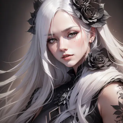 A woman, with long white hair, kiss mark on the cheek, has blackouts on her arms, black roses around her, the environment is a desert, realistic drawing style