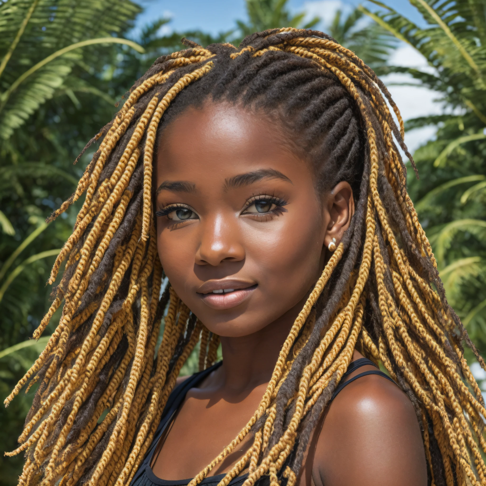 A close up of a woman with dreadlocks and a black top - SeaArt AI