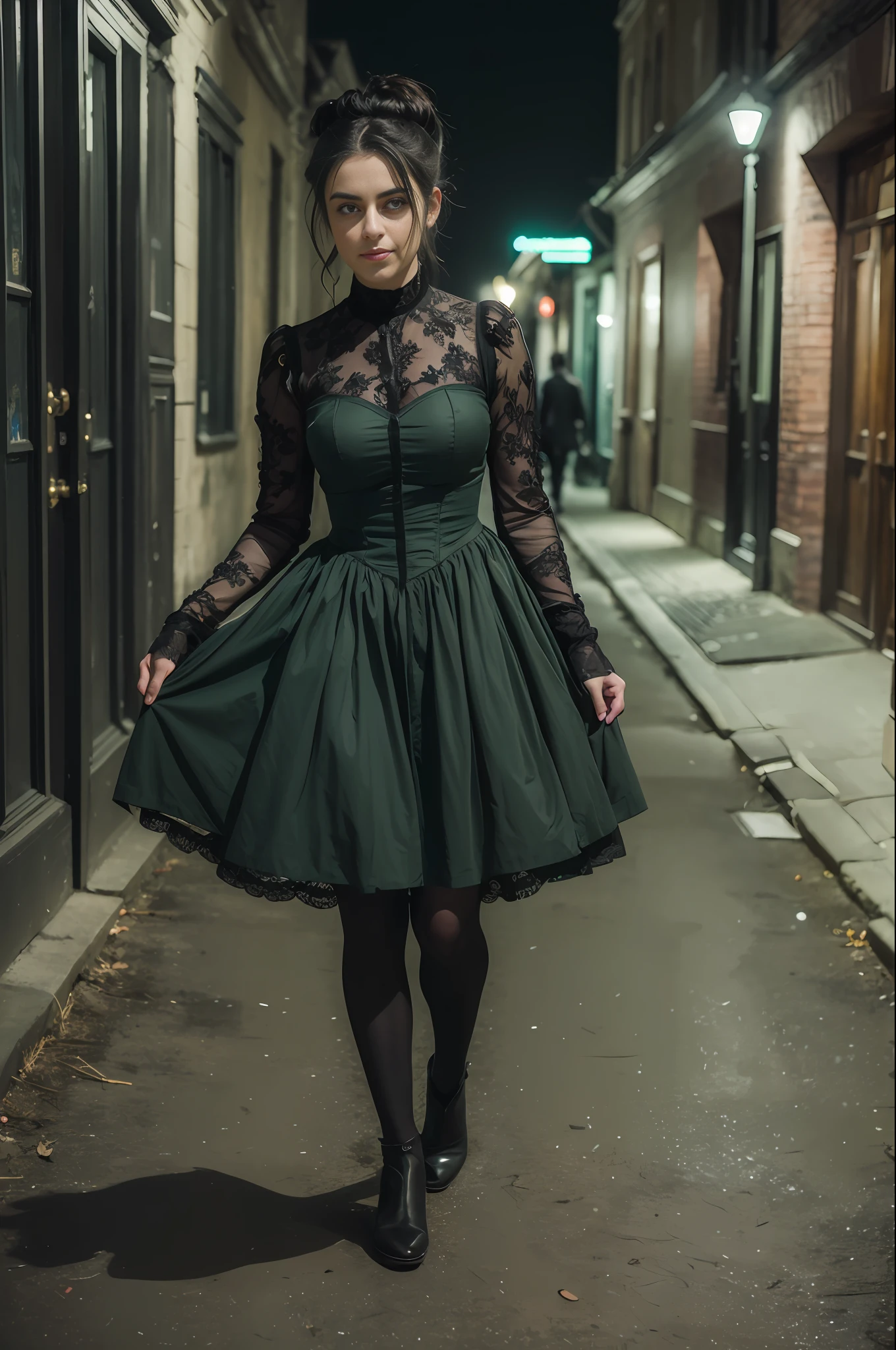 ((artistic photography)))dark green sensual Victorian dress,((night photography))Lauren Jauregui,((urban installation))full scale,((colloquial))happy and smiling.