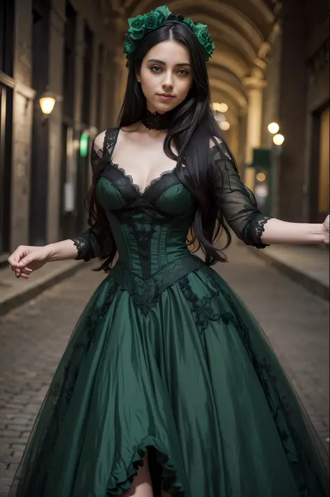 ((artistic photography)))dark green sensual Victorian dress,((night photography))Lauren Jauregui,((urban installation))full scal...
