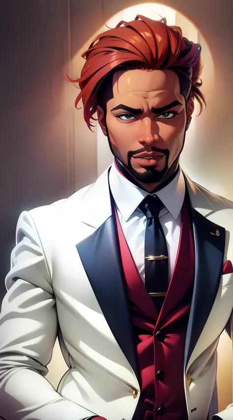 Cartoon image of a black man with red hair, wearing elegant party clothes, with contours and black style looney tunes, white background, intricate details, low key