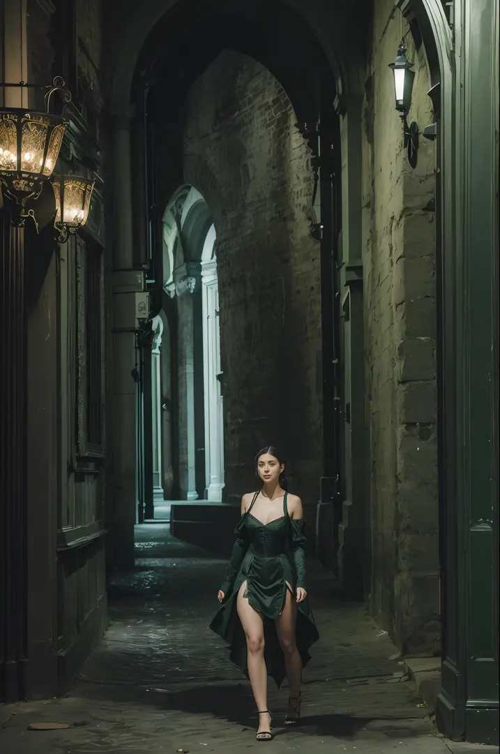 ((artistic photography)))dark green sensual Victorian dress,((night photography))Lauren Jauregui,((urban installation))full scal...