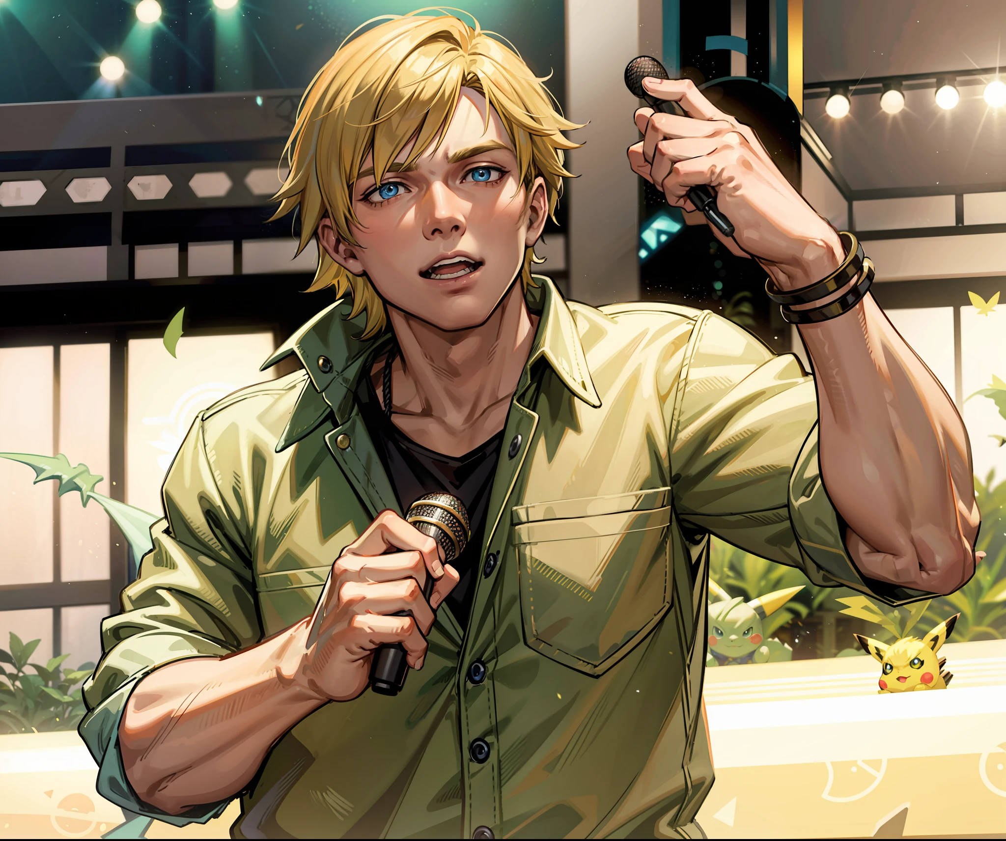 Steve irwin, 1 boy, male focus, blonde hair, holding,  holding a microphone speaking to a crowd, Pikachu, Vaporeon, Jolteon and Bulbasaur are on his shoulders, in a Pokemon Gym, specular highlights, detailed face, detailed eyes,