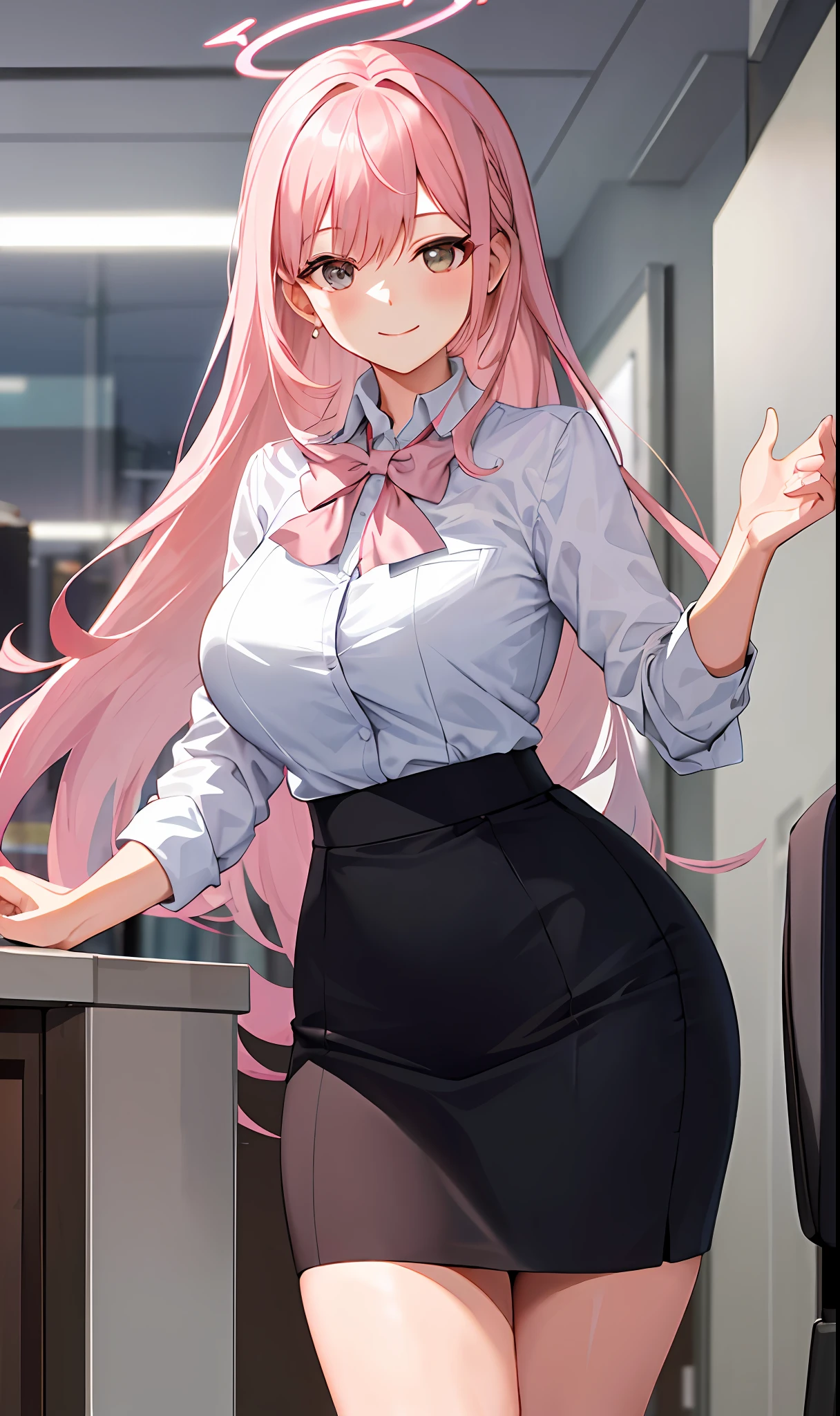 Anime girl in a skirt and shirt posing in an office - SeaArt AI