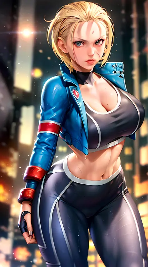 1 girl, caucasian, ((detailed face)), milf cammy from street fighter wear ((jacket)), (blue jacket over) [black sport tank top] and (black yoga pants), (blonde caret hairstyle, short hair), night street background, (arms behind back), (bend over), looking ...