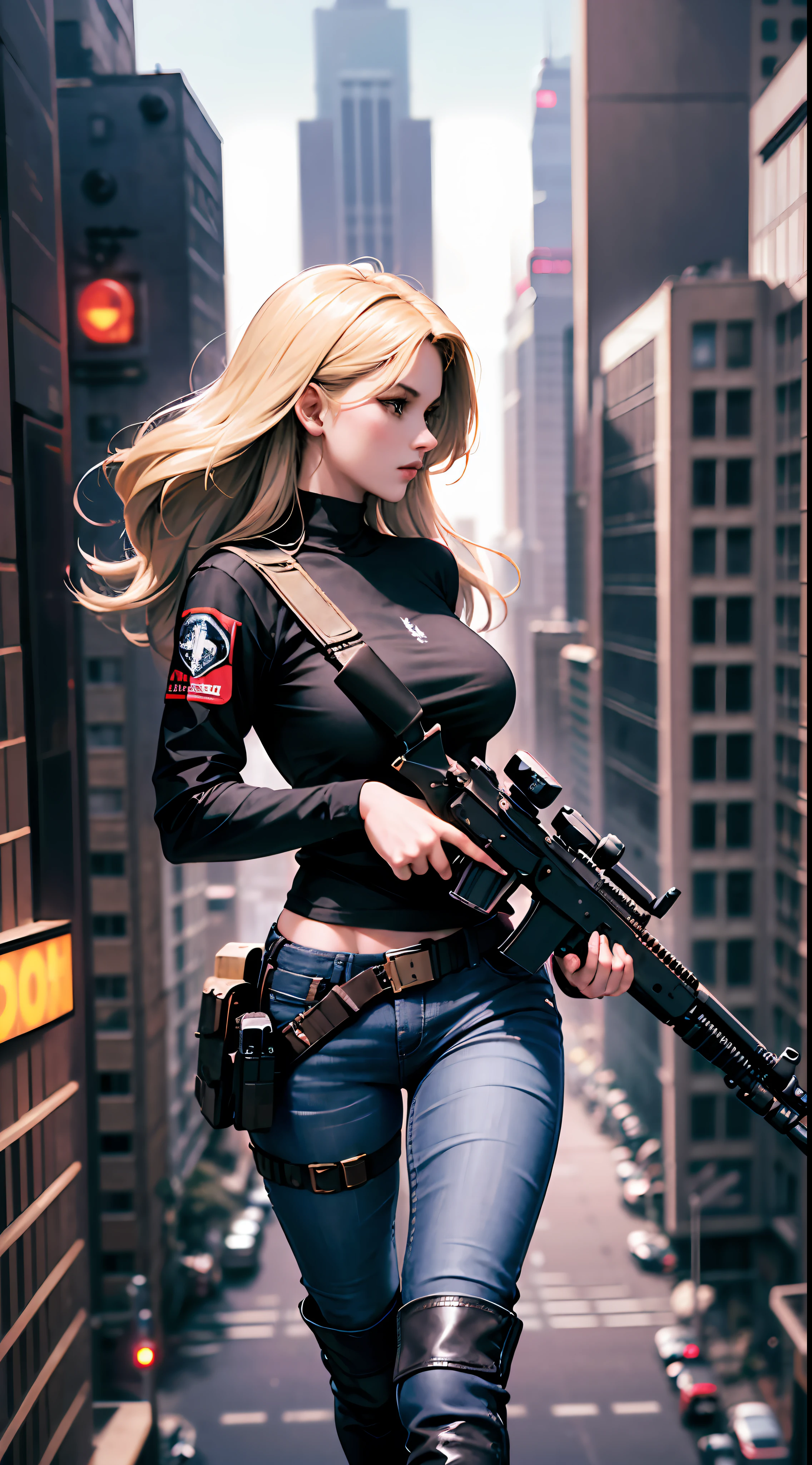 masterpiece, best_quality, 1girl, solo, aiming with sniper from the top of a building, gun with texture in high quality and detailed, long black t-shirt, long black jeans, military black boots, blonde hair, detailed perfect face, 4k, HDR, Full HD, HDR, cyberpunk dity at night, neon lights