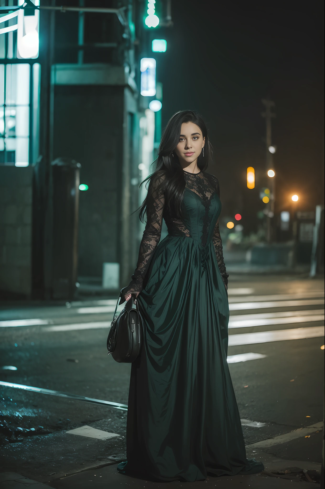 ((artistic photography)) Dark green sensual Victorian dress, abandoned city and next to or train in a setting of ((night photography)) Lauren Jauregui, smiling and happy in a ((urban installation)) full scale. ((colloquial)) I want more of this mysterious and seductive aesthetic!