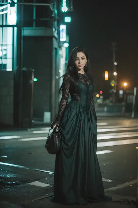 ((artistic photography)) Dark green sensual Victorian dress, abandoned city and next to or train in a setting of ((night photogr...