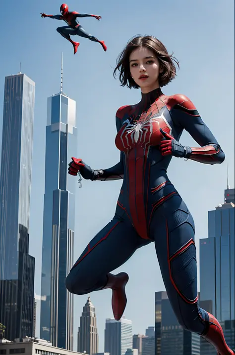 Top quality, delicate face, (((full body)), 20-year-old woman, ((beautiful face)), slim body, (between skyscrapers), full body special equipment, spider-man suit, (jumps high), short hair, weightless posture, air, large breasts, sci-fi, ((suspended in the ...