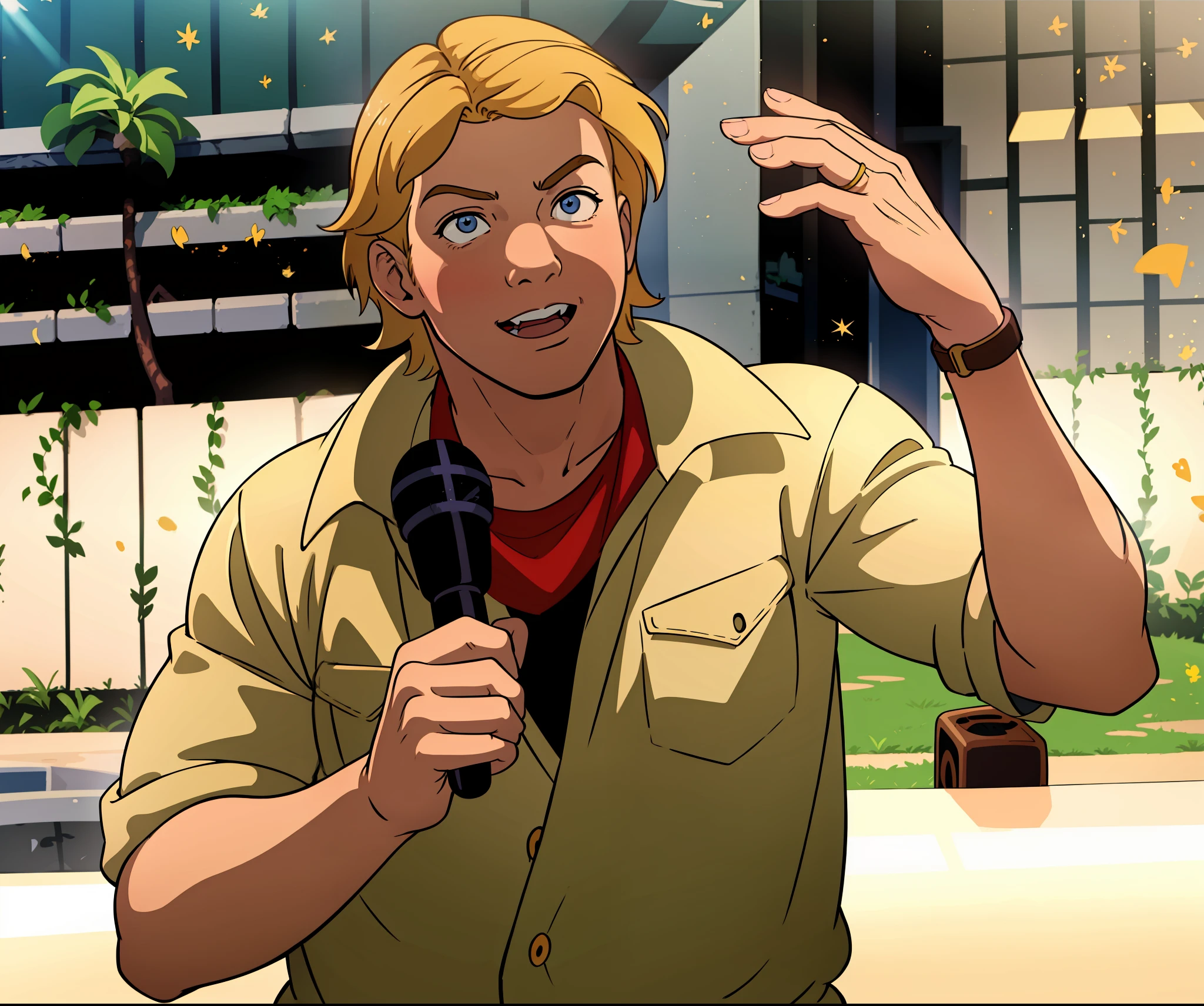 Steve irwin , australian, 1 boy, male focus, blonde hair, looking at viewer, perfect anatomy,perfect hands, midday summer, sunshine, cel shading, holding, holding a microphone speaking to a crowd, detailed face, detailed eyes,