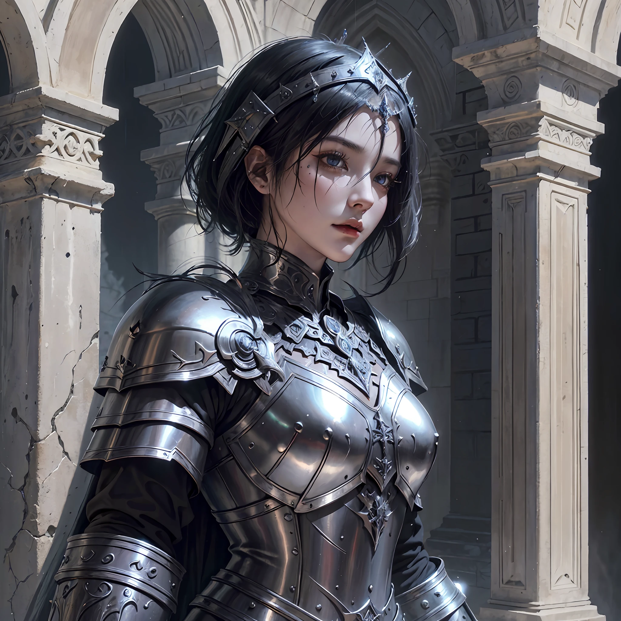 dark fantasy warrior in armor, black graffiti, monumental sets, crossed armor, christian warrior, joan of arc, woman with short black hair, intricate details, cinematic light, dark fantasy, detailed armor, beautiful black eyes, hybrid, open, rainy day Moonlight highlights