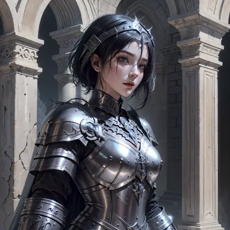 dark fantasy warrior in armor, black graffiti, monumental sets, crossed armor, christian warrior, joan of arc, woman with short ...