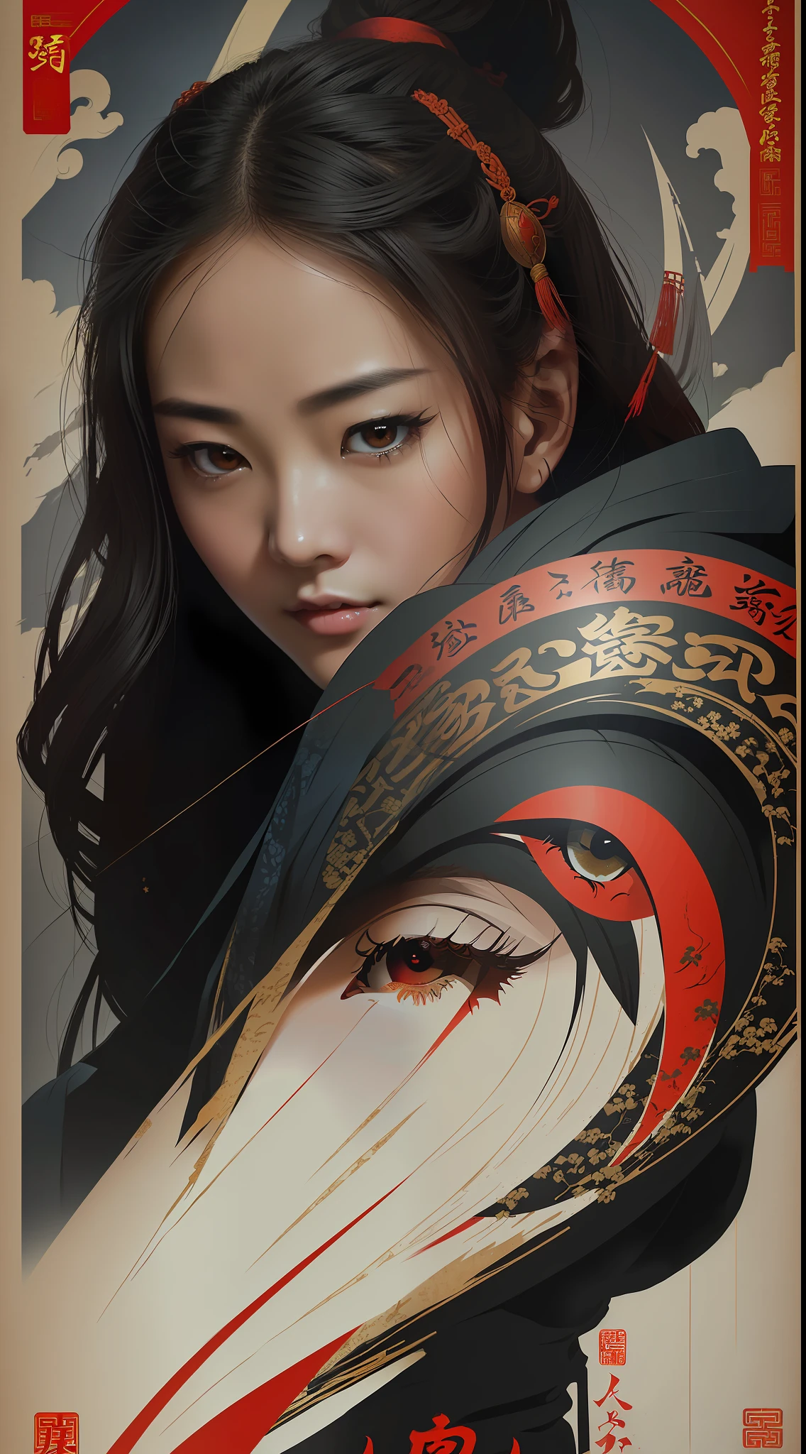 (Лучшее качество, стиль постера фильма), красивая женщина с (один красный глаз:1.2),(осмысленное написание китайской письменности:1.1), идеально сочетать элементы друг с другом.