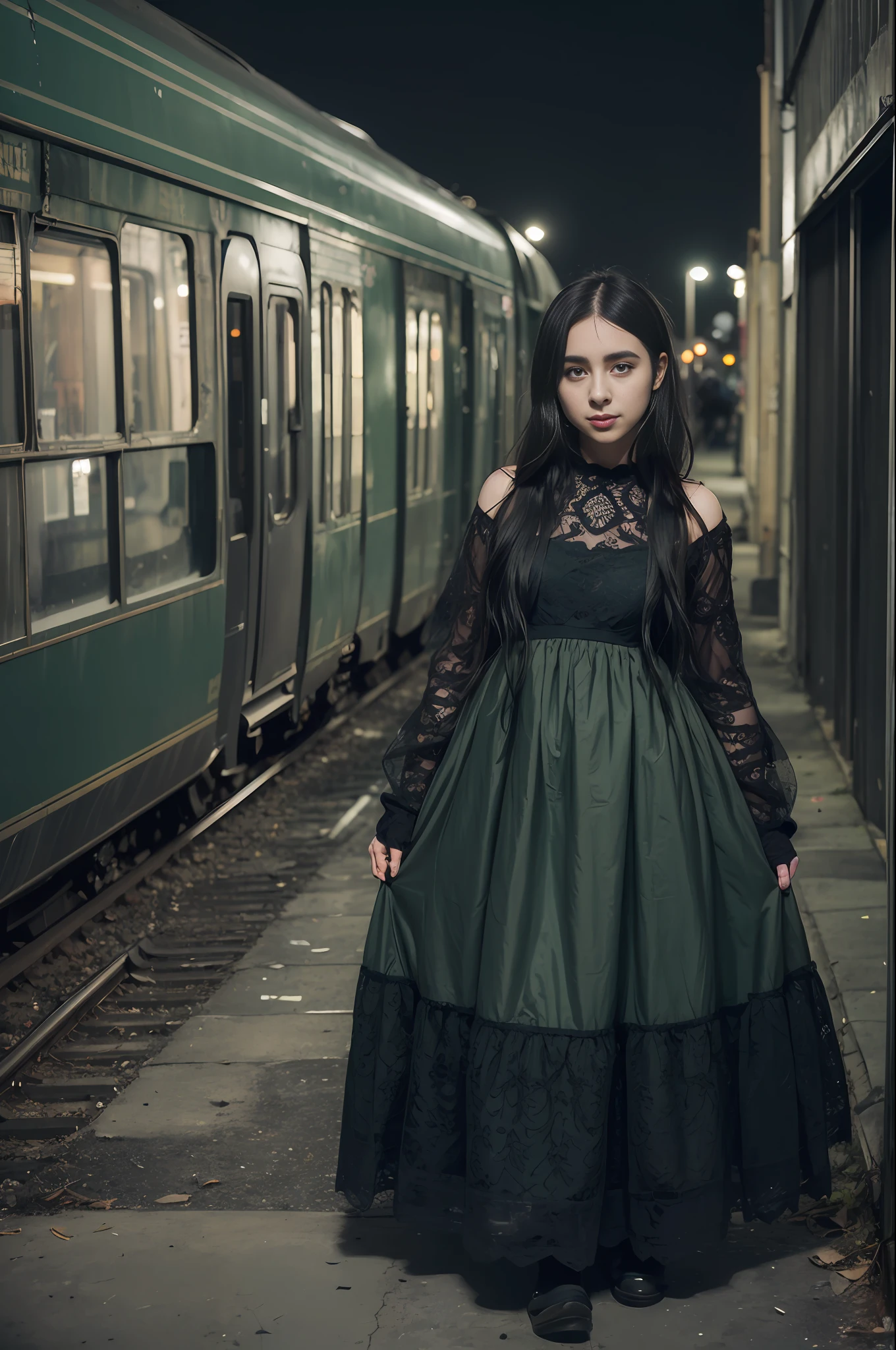 ((artistic photography)) Dark green sensual Lolita dress, abandoned city and next to or train in an environment of ((night photography)) Lauren Jauregui, smiling and happy in a ((urban installation)) full scale. ((colloquial)) I want more of this mysterious and seductive aesthetic!