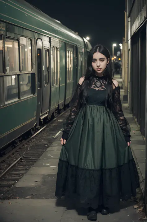 ((artistic photography)) Dark green sensual Lolita dress, abandoned city and next to or train in an environment of ((night photo...