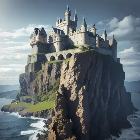 Castle in Scotland, on top of a rock, sea around, cinamtographic, ultra realistic, highly detailed (masterpiece)