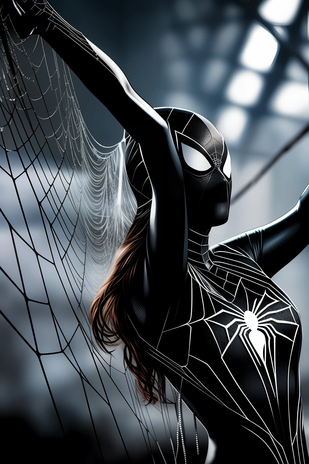 A woman in a black spider suit is holding a spider web - SeaArt AI