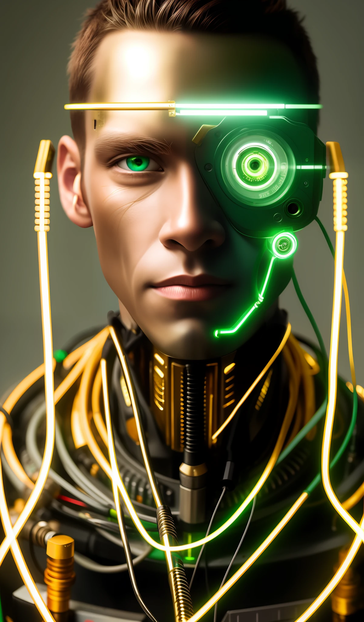 Retrato del hombre cyborg, ojos verdes, mono, model face, Cables expuestos, Aceite de oro que se escapa de cables oxidados.
